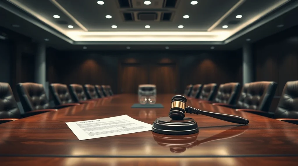 Law firm conference room with a lawsuit document and gavel on a table