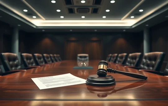 Law firm conference room with a lawsuit document and gavel on a table