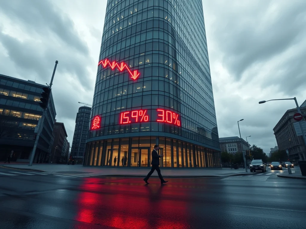 Galaxy Digital Q1 loss highlighted by red cryptocurrency ticker on office building during market crash