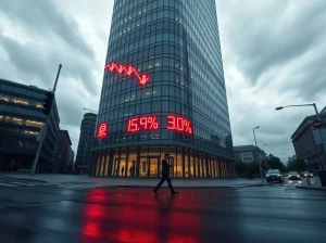 Galaxy Digital Q1 loss highlighted by red cryptocurrency ticker on office building during market crash