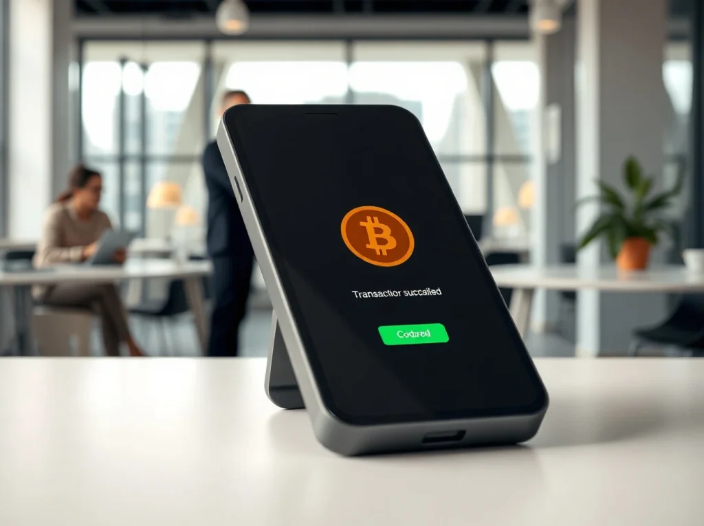 Smartphone displaying a Bitcoin payment confirmation on a GoBTC Pay interface
