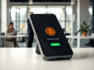 Smartphone displaying a Bitcoin payment confirmation on a GoBTC Pay interface