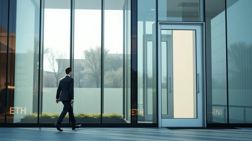 Institutional investor approaching a modern office building with digital financial data reflections on glass facade
