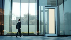 Institutional investor approaching a modern office building with digital financial data reflections on glass facade