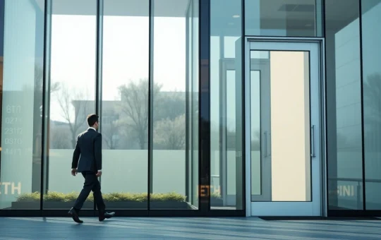 Institutional investor approaching a modern office building with digital financial data reflections on glass facade