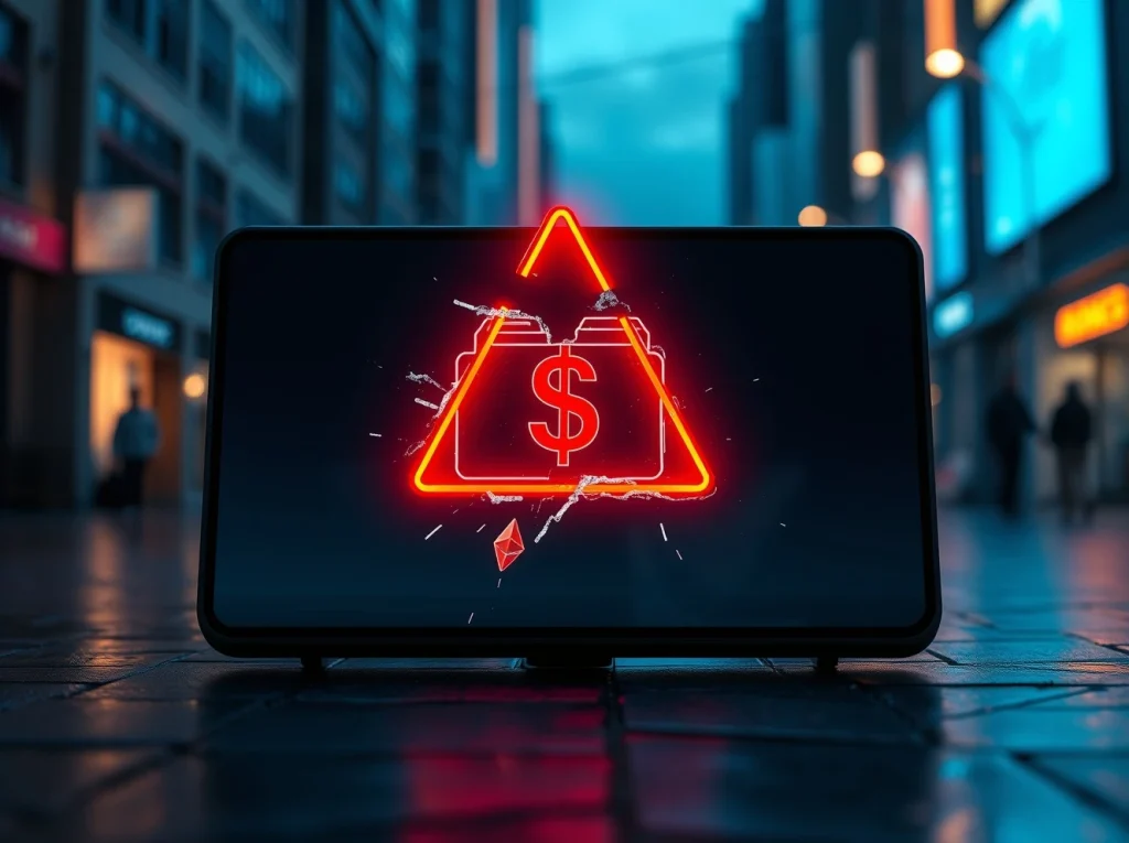 A cracked digital wallet interface with a red alert symbol, representing the Grok wallet exploit and cryptocurrency theft.