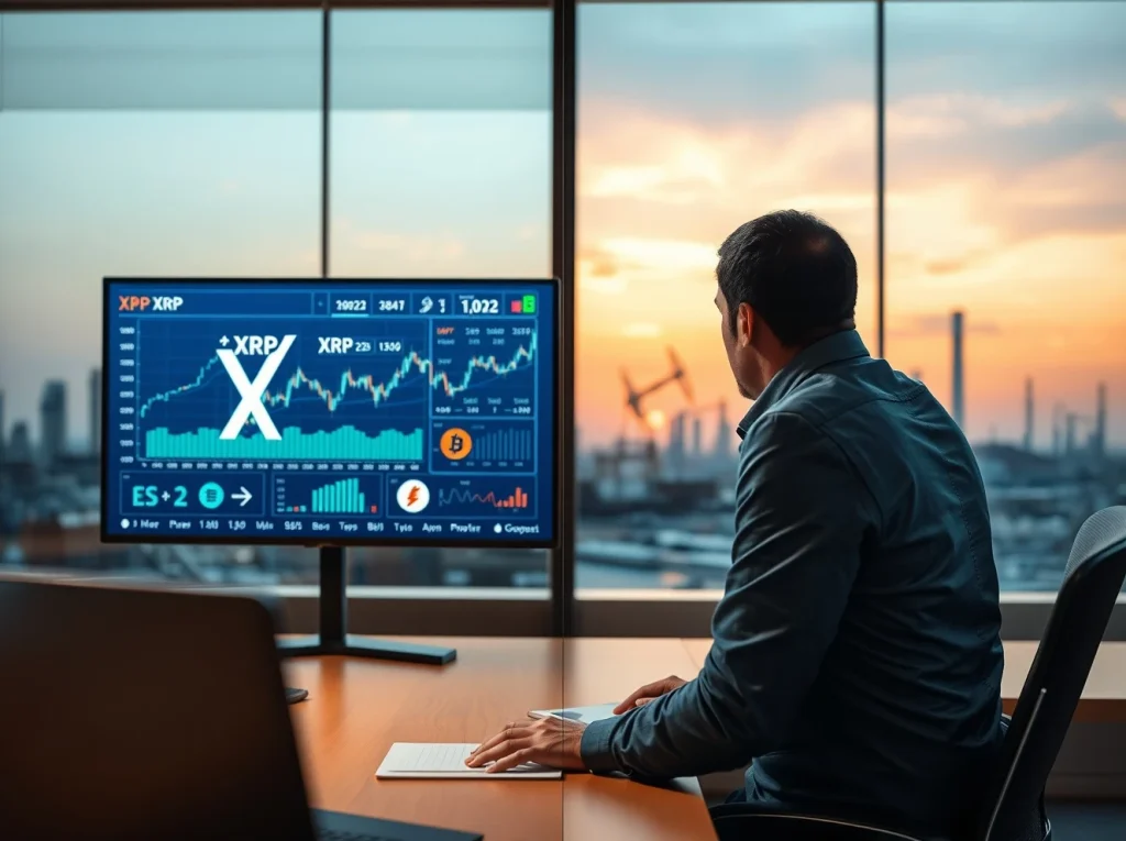 Financial analyst reviewing XRP price charts with blurred Middle Eastern oil refinery skyline in background