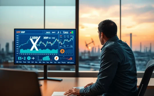 Financial analyst reviewing XRP price charts with blurred Middle Eastern oil refinery skyline in background