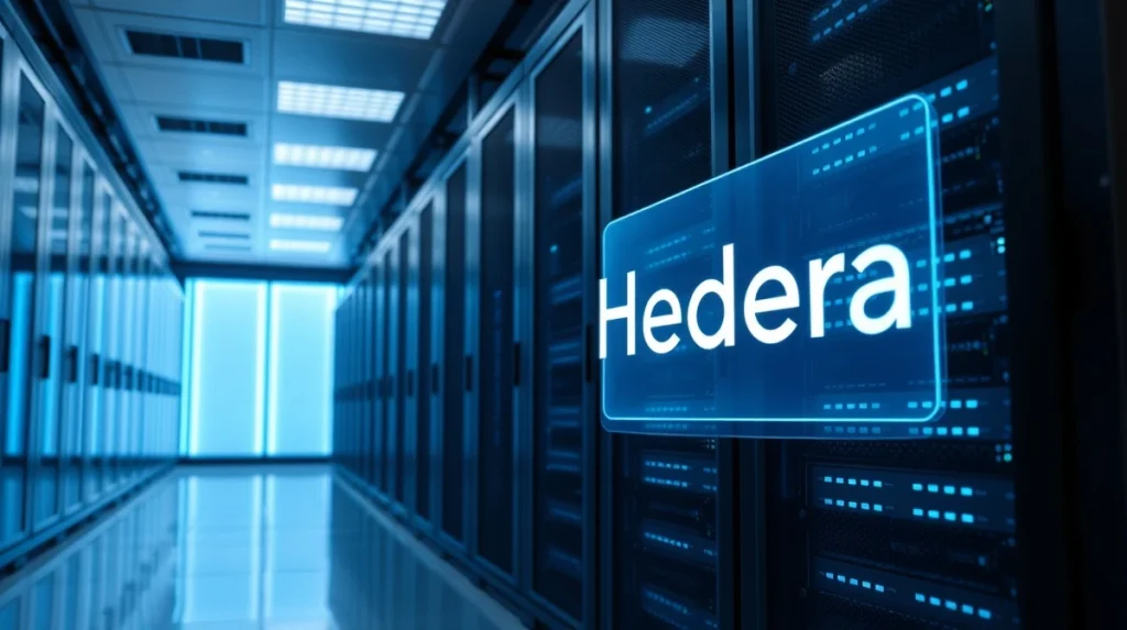 Holographic Hedera logo over server racks in a modern data center representing AI and blockchain integration.