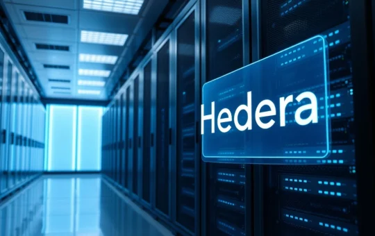 Holographic Hedera logo over server racks in a modern data center representing AI and blockchain integration.