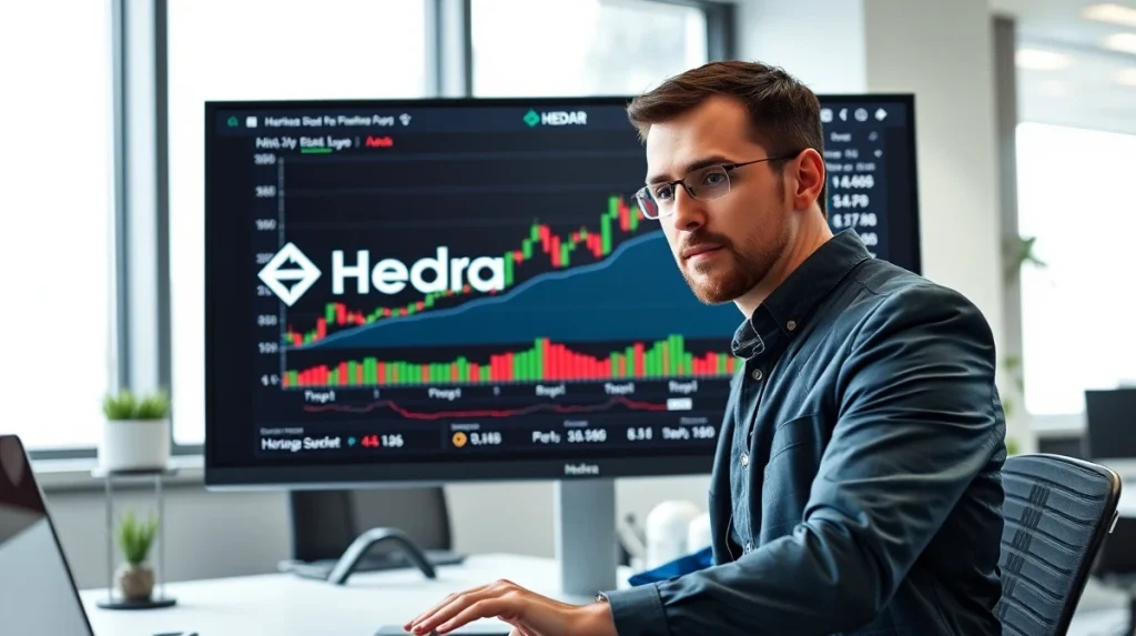 Financial analyst reviewing Hedera HBAR price chart on large screen in modern office