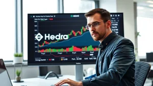 Financial analyst reviewing Hedera HBAR price chart on large screen in modern office