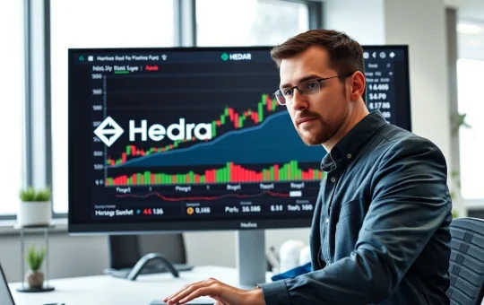 Financial analyst reviewing Hedera HBAR price chart on large screen in modern office