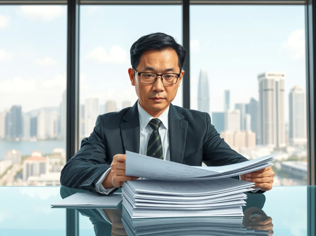 Hong Kong financial regulator reviewing stablecoin license applications in an office.