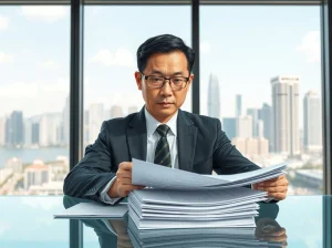 Hong Kong financial regulator reviewing stablecoin license applications in an office.