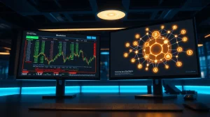 Digital trading interface showing tokenized equities and blockchain network visualization in a modern trading environment.