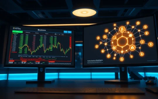 Digital trading interface showing tokenized equities and blockchain network visualization in a modern trading environment.