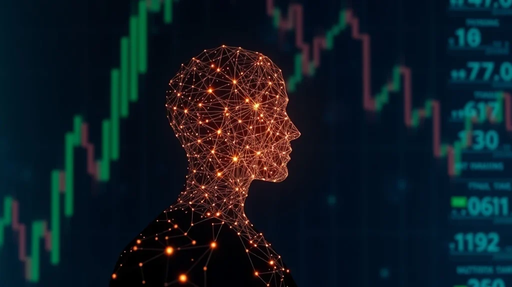 Digital human silhouette representing Humanity Protocol concept with financial data background
