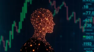 Digital human silhouette representing Humanity Protocol concept with financial data background