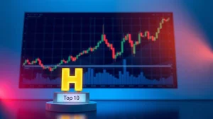 Digital dashboard showing a rising candlestick chart and a podium labeled Top 10 with a glowing H logo.