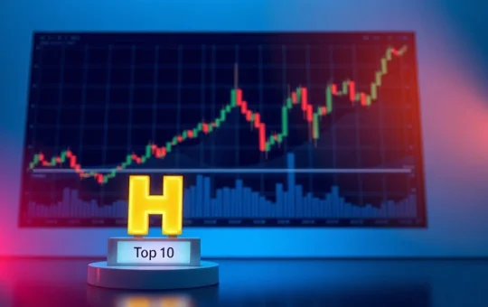 Digital dashboard showing a rising candlestick chart and a podium labeled Top 10 with a glowing H logo.