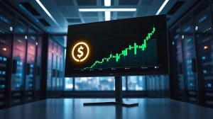 Digital trading monitor displaying USDC logo and rising chart in a modern financial office