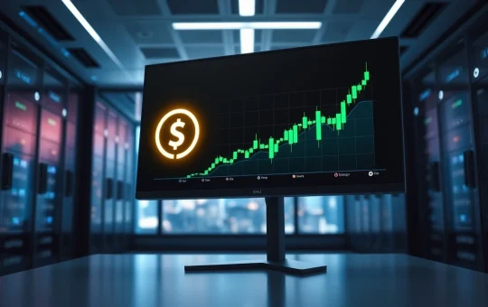 Digital trading monitor displaying USDC logo and rising chart in a modern financial office