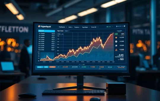Trading monitor showing Hyperliquid open interest chart with upward trend in a professional trading environment.