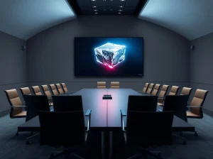 Empty boardroom with a cracked ice symbol on a digital screen, representing Ice Open Network's strategic shift after a security breach.