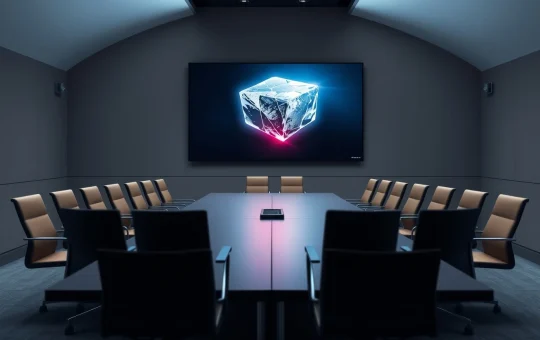Empty boardroom with a cracked ice symbol on a digital screen, representing Ice Open Network's strategic shift after a security breach.