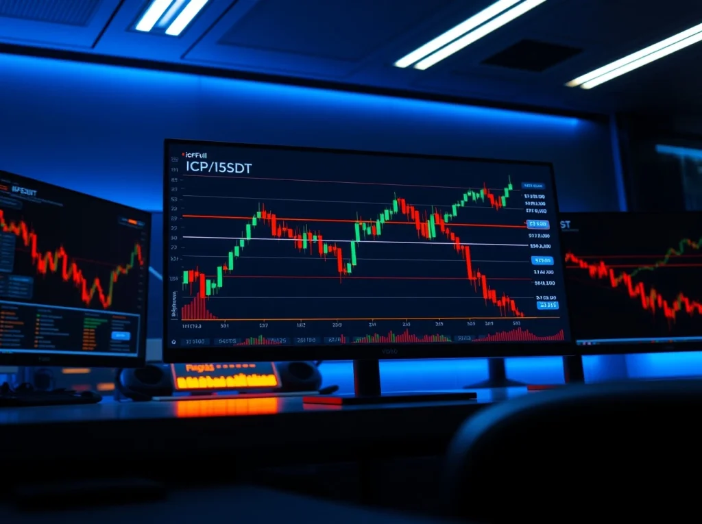 ICP/USDT daily chart showing three sell walls near $5.5 resistance level on trading monitors