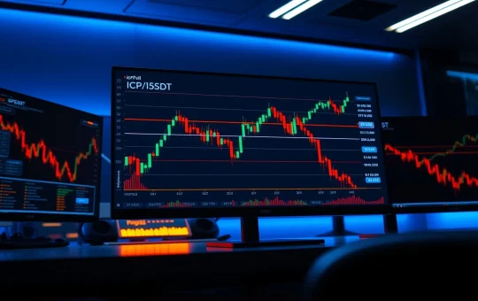 ICP/USDT daily chart showing three sell walls near $5.5 resistance level on trading monitors