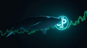 Whale swimming near Internet Computer (ICP) logo on a rising market chart background