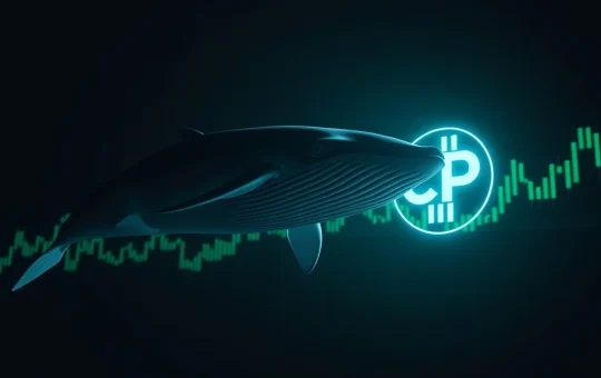 Whale swimming near Internet Computer (ICP) logo on a rising market chart background
