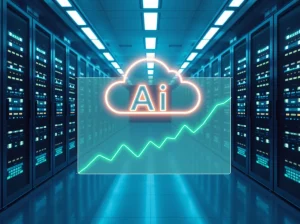 ICP price analysis: A futuristic data center with a holographic AI cloud and a green price chart, representing DFINITY's AI cloud expansion.