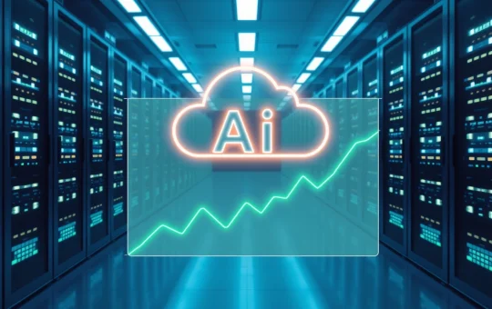 ICP price analysis: A futuristic data center with a holographic AI cloud and a green price chart, representing DFINITY's AI cloud expansion.
