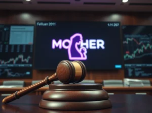 Iggy Azalea faces a lawsuit over MOTHER memecoin claims, depicted in a courtroom with a gavel and digital crypto logo.