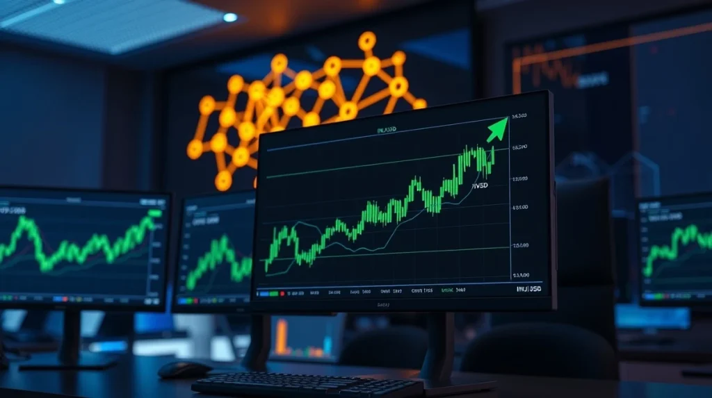 Trading monitors showing Injective price breakout chart with Cosmos and dYdX network visualization