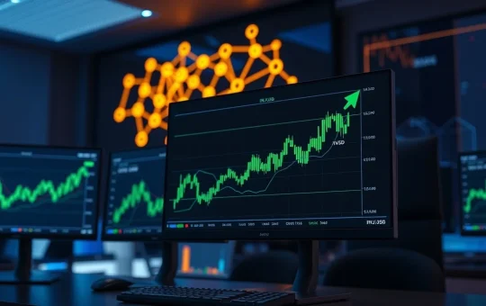 Trading monitors showing Injective price breakout chart with Cosmos and dYdX network visualization