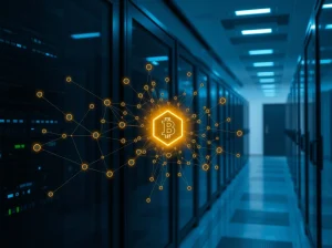 Digital blockchain network visualization with one central glowing node symbolizing concentrated token ownership