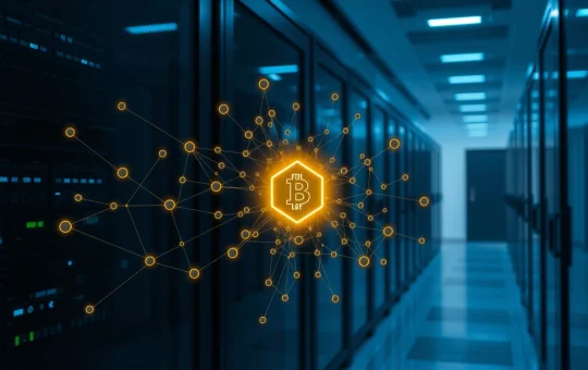 Digital blockchain network visualization with one central glowing node symbolizing concentrated token ownership