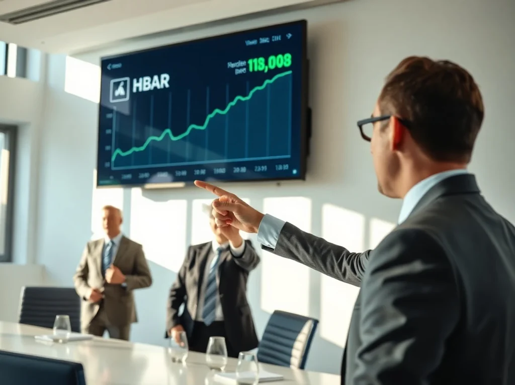 Professionals in a boardroom analyzing an HBAR price chart on a large screen, representing insurance industry blockchain adoption.