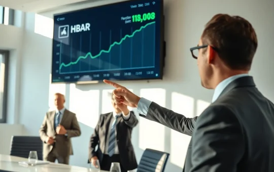 Professionals in a boardroom analyzing an HBAR price chart on a large screen, representing insurance industry blockchain adoption.