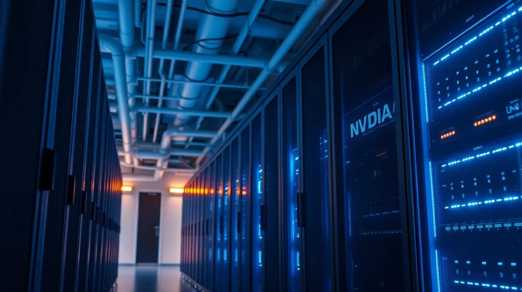 Inside a modern data center with NVIDIA server racks, representing IREN's AI cloud deal.