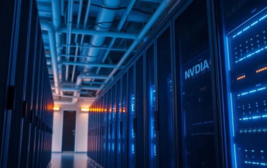 Inside a modern data center with NVIDIA server racks, representing IREN's AI cloud deal.