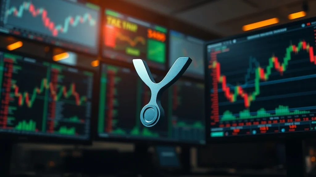 XRP digital token icon on a trading floor background with financial charts