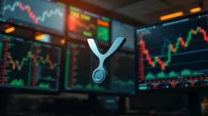 XRP digital token icon on a trading floor background with financial charts