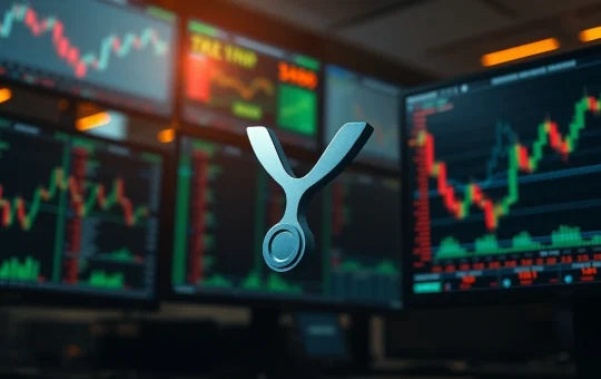 XRP digital token icon on a trading floor background with financial charts