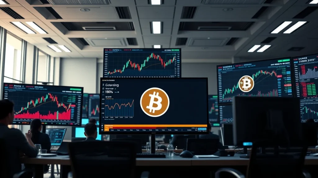 Trading floor monitors showing Bitcoin ETF data and CryptoNewsInsights network activity charts