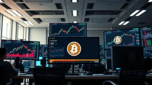Trading floor monitors showing Bitcoin ETF data and CryptoNewsInsights network activity charts